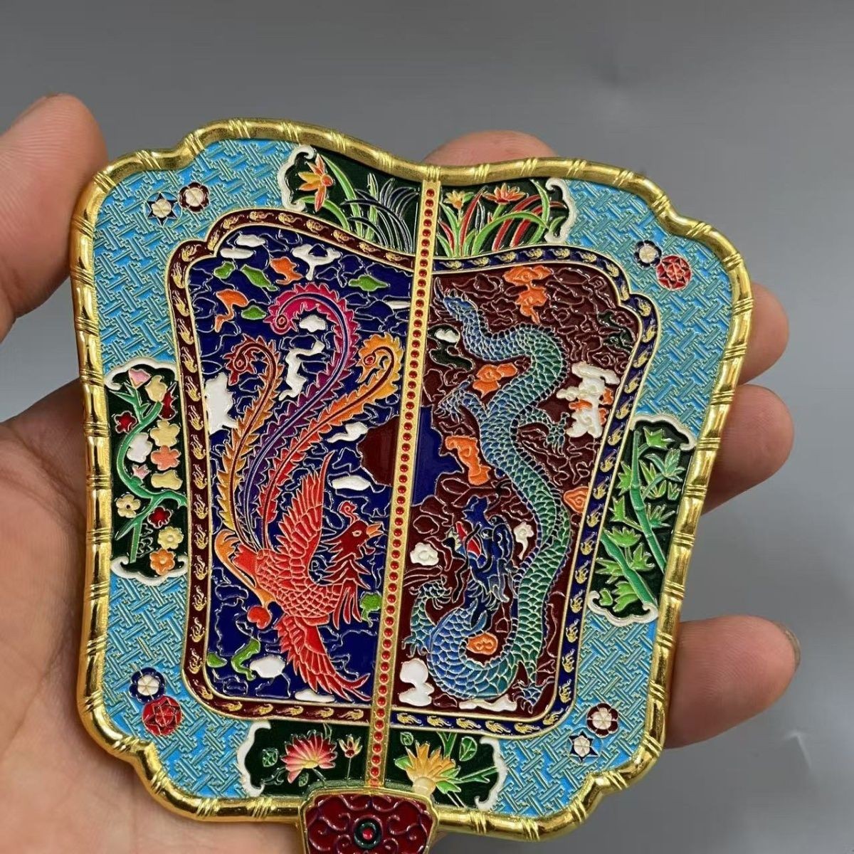 Enamel Painted Qianlong Dragon Phoenix Fan Antique Banana Fan Home Collection