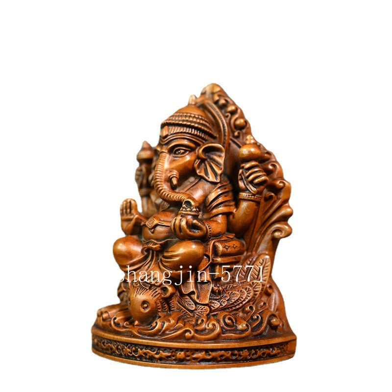 4.5" Boxwood Carved Hindu Elephant God Statue Ganesha Ganesh Figure Shrine Decor