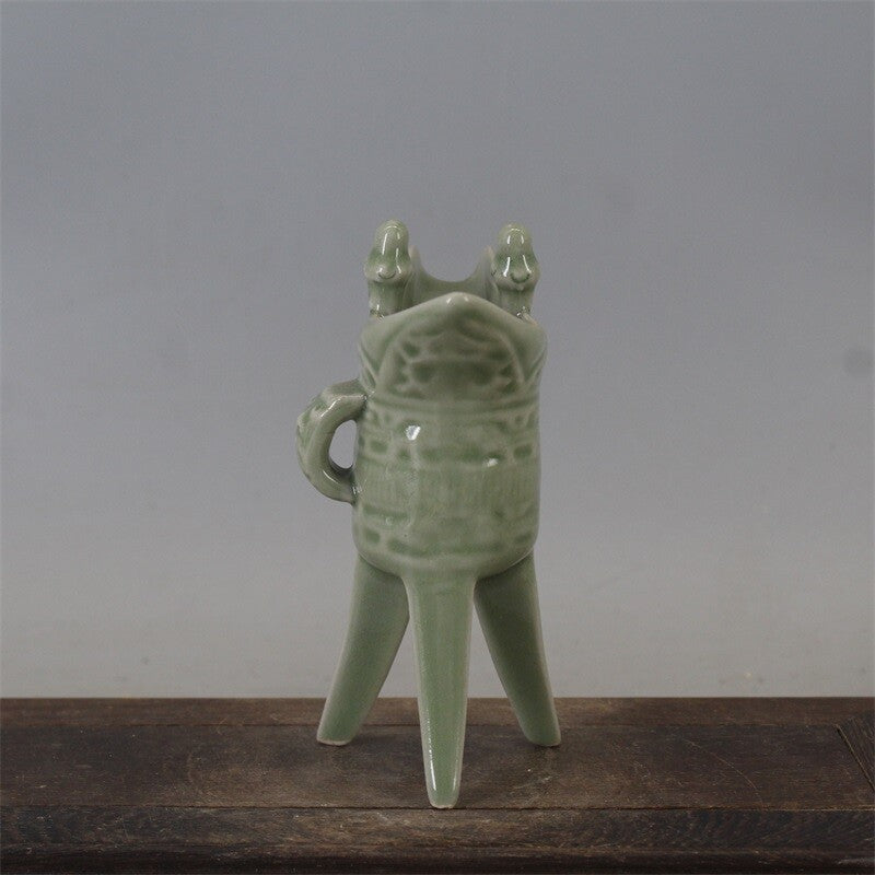 5.3" Collection Chinese Song Porcelain Yaozhou Kiln Green Glaze Three Foot Cup