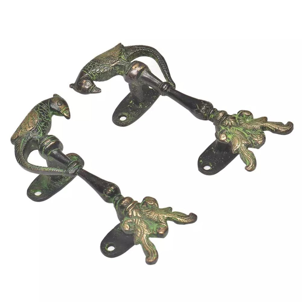 Set of 2 Antique Look Green Patina Brass Peacocks With Parrot On Top Door Handle