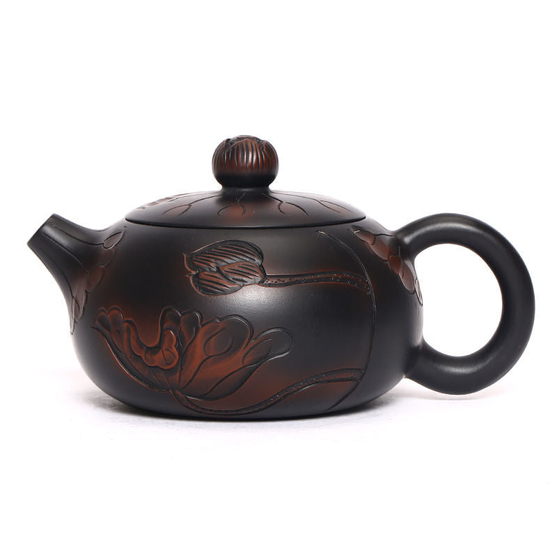 200cc Teapot Handmade Lotus Relief Xishi Pot Purple Clay Pottery Kung Fu Tea