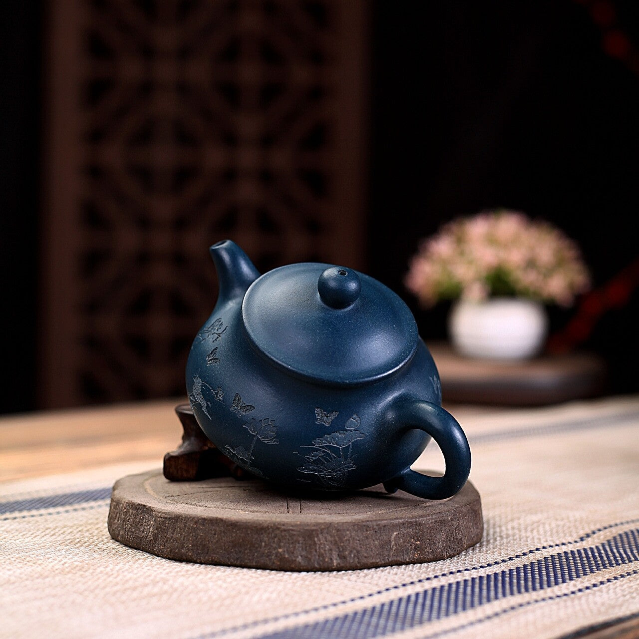 180ml Marked Tea Pot 9 Infuser Holes Hand Carved Lotus Flower Yixing Zisha Clay