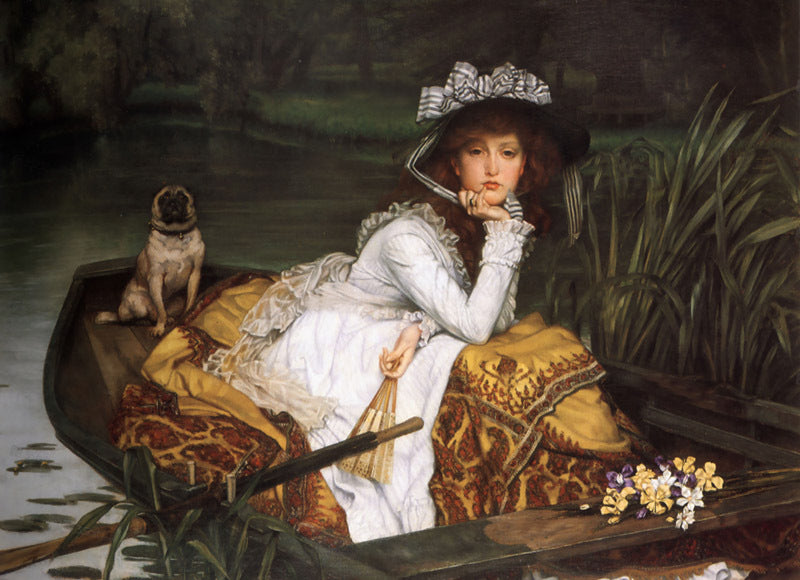Art Oil painting Joseph Tissot - Young Lady in a Boat & her pet dog canvas 36"