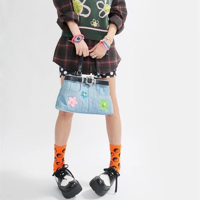 Women Retro Fashion Denim Handbag Shoulder Bag Flower Personality Versatile Bag