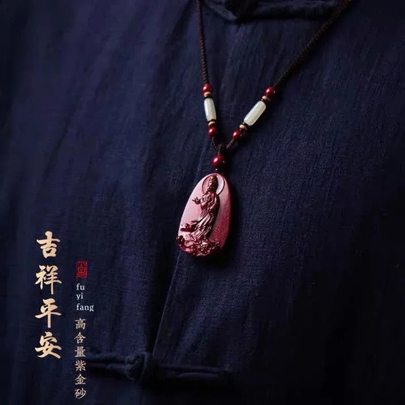 Cinnabar Jade Guanyin Pendant Necklace Jewellery Chinese Healing Sweater Chain