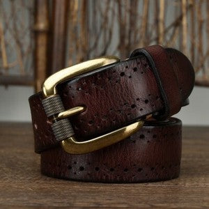 Men's Vintage Hollow Leather Belt Solid Brass Buckle Waistbands for Pants Brown