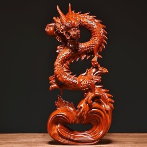 Feng Shui Dragon Statue Chinese Wood Figurine for Wealth & Luck Home Decor