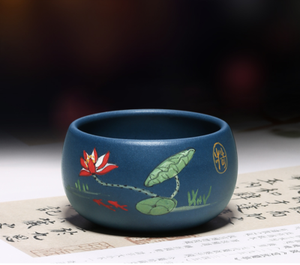 China Yixing Zisha Pottery Hand Drawing Lotus Flower GongFu Teacup Cup Blow