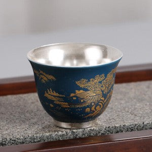 999 Sterling Silver Cup Mountain Relief Handmade Porcelain Tea Cup 50ml Glaze