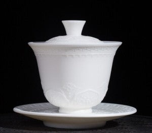 Handmade Tureen Fat Mutton Jade Porcelain Gaiwan Covered Bowl Relief Lid Saucer
