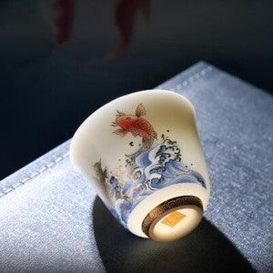Dehua Fat Mutton Jade Porcelain Tea Cup 50ml Hand Drawing Floral Fish Painted