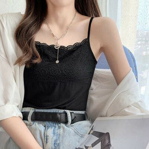 Ladies Plain Cotton Vest Top Lace Trim Neck Design Cami Strappy Camisole