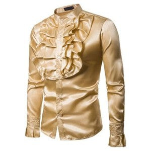 Men Faux Silk Satin Ruffle Shirt Tops Long Sleeve Fancy Clothes Victorian Retro