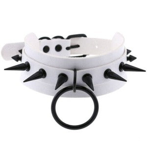 Gothic Punk White Pu Leather Spiked Rivet O-Ring Collar Stud Choker Necklace