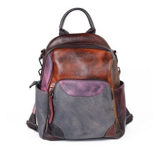Cowhide Retro Style Genuine Leather Backpack Small School Knapsack Bag 20L Brown