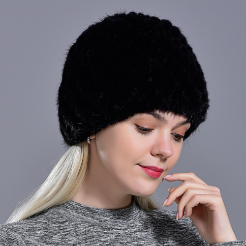 Women Mink Fur Hats Natural Real Fur Knitted Cap Fluffy Fur Beanie Black Fur Cap