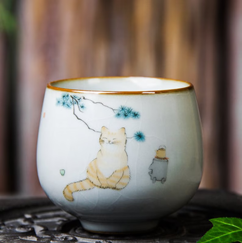 Embersceramic Ceramic Tea Cup Lovely Cat Chinese Kung Fu Cup 100ml