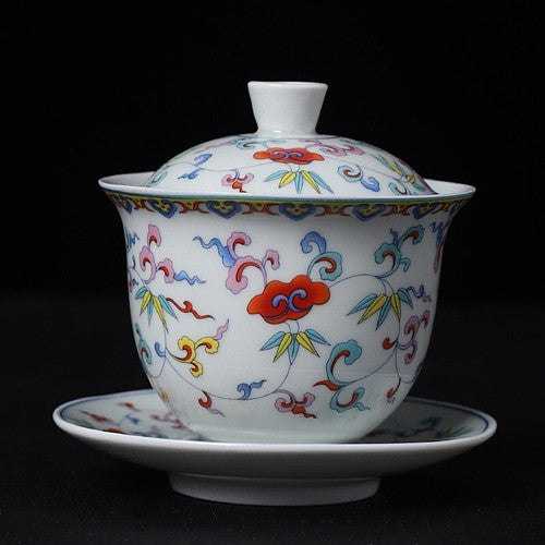 Porcelain Gaiwan Under Glaze Handpainted Tureen Ceramic Covered Bowl Saucer Lid