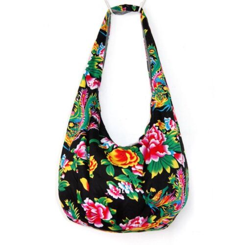 Flowers Hobos Bags Shoulder Purse Handbags Ethnic Floral Cotton Canvas Bag 1 PC