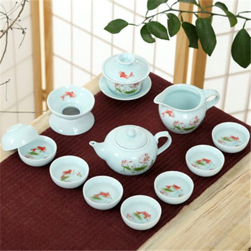 Longquan Celadon Complete Tea Set Porcelain Tea Pot Gaiwan Tureen Tea Cups Fish