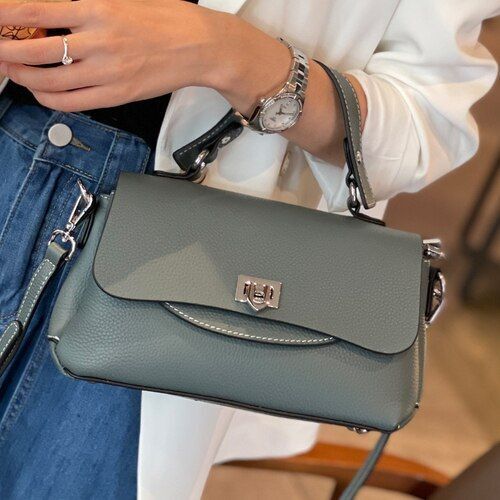 Beige Handbag Genuine Cow Leather Shoulder Bag Flap Elegant Real Leather Handbag