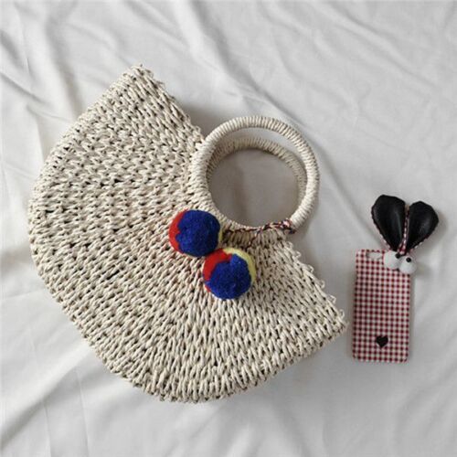 Handmade Bags Pompon Beach Weaving Straw Bag Wrapped Beach Moon Shaped Purses