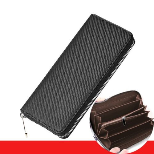 Wallet Carbon Fiber Microfiber Purse Cards Waterproof Non-Slip Long Zippered Bag