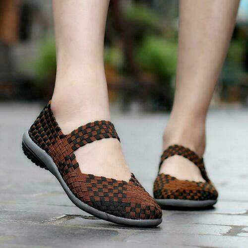 Women Slip On Walking Shoes Woven Elastic Mary Jane Flat Lightweight Fashion