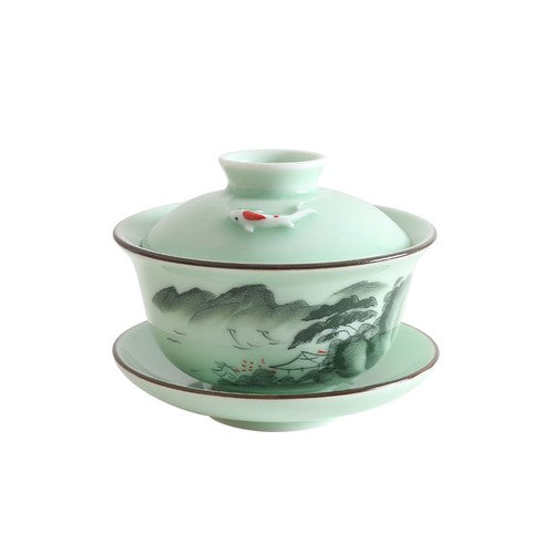 Longquan Celadon Porcelain Gaiwan Ceramic Fish Relief Handpainted Tureen Saucer