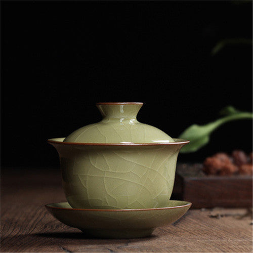 Real Longquan Celadon Gaiwan Porcelain Tea Bowl Lid Cup Saucer Covered Bowls New