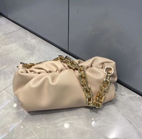 Genuine Cow Leather Handbag Thick Thin Chain Cloud Dumplings Clutch Shoulder Bag