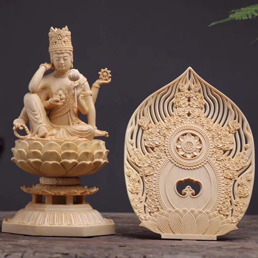 solid wood carving Ruyi six-armed Guanyin Bodhisattva Statue,Wooden hand-carved Buddha statue,Chinese Home Feng Shui Statue 28cm