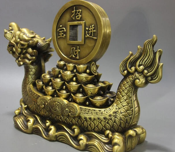 song voge gem S1194 China Palace Brass Copper Fengshui Yuanbao Wealth Money Dragon Boat Ship Statue