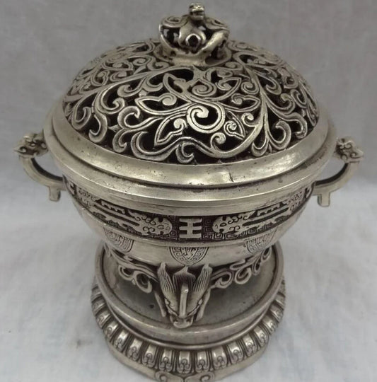 song voge gem S2738 8" Folk Tibet Silver Dragon Head Statue Buddhism Brass Incense Burner Censer