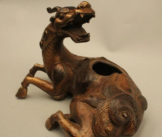 wholesale factory 7"Marked Chinese Folk Old Bronze Unicorn Foo Dogs Incense Burner Censer Statue 25% off