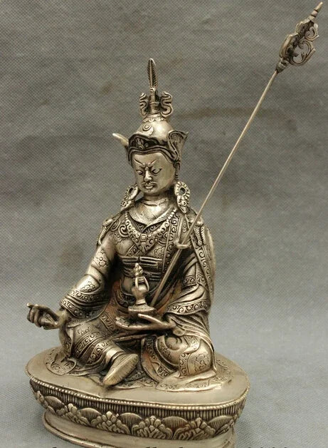 wholesale factory 9" Chinese Tibet Tibetan Silver Buddhism Padmasambhava Rinpoche Buddha Statue