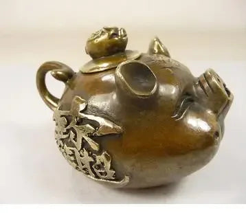 wholesale factory Decoration Crafts Brass collectible old china copper carved pig shape teapot carved calligraphy