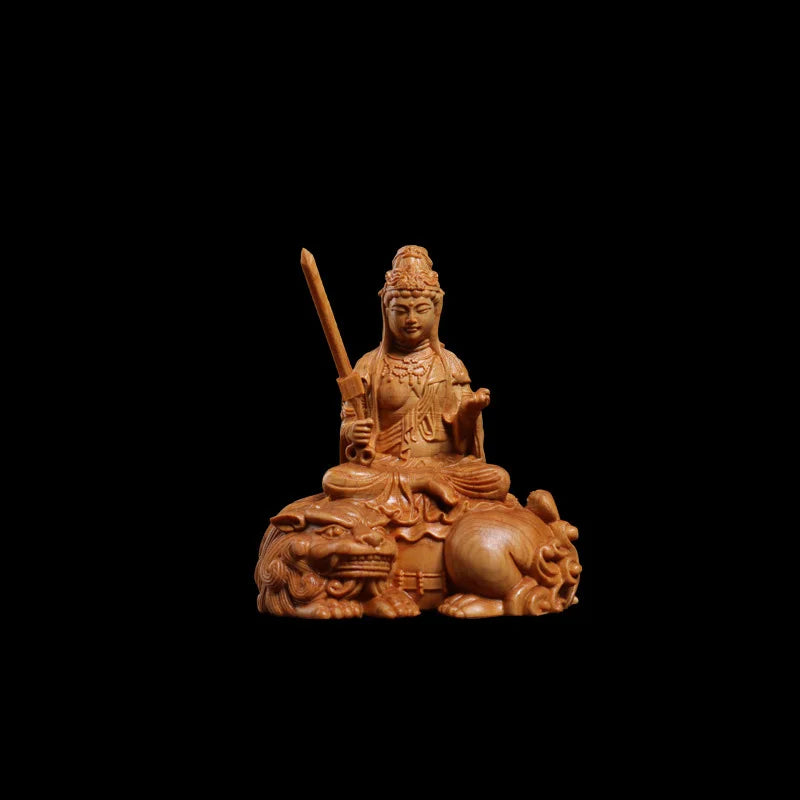 wood carving Manjushri, Samantabhadra solid wood statue Chinese Buddhist figures Home living room bedroom feng shui statue