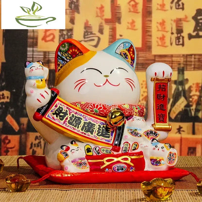 8.2 Inch Ceramic Lucky Cat Ornament Beckoning Cat with Movable Arm Porcelain Figurine Decoration Statue