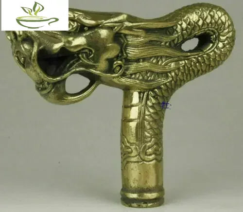 Chinese Brass Copper Hand carved Cane Walking Stick Head Handle Dragon Statue
