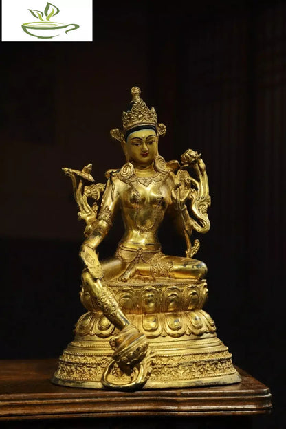 21 cm China Brass Kwan-yin Guanyin Statue Old Bronze Gild Buddha Statue
