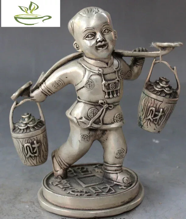 decoration bronze factory outlets Tibet Silver  7" Chinese Silver Wealth Yuanbao Money Tongzi Kid Shoulder Barrel Bucket Statue