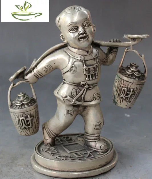 decoration bronze factory outlets Tibet Silver  7" Chinese Silver Wealth Yuanbao Money Tongzi Kid Shoulder Barrel Bucket Statue