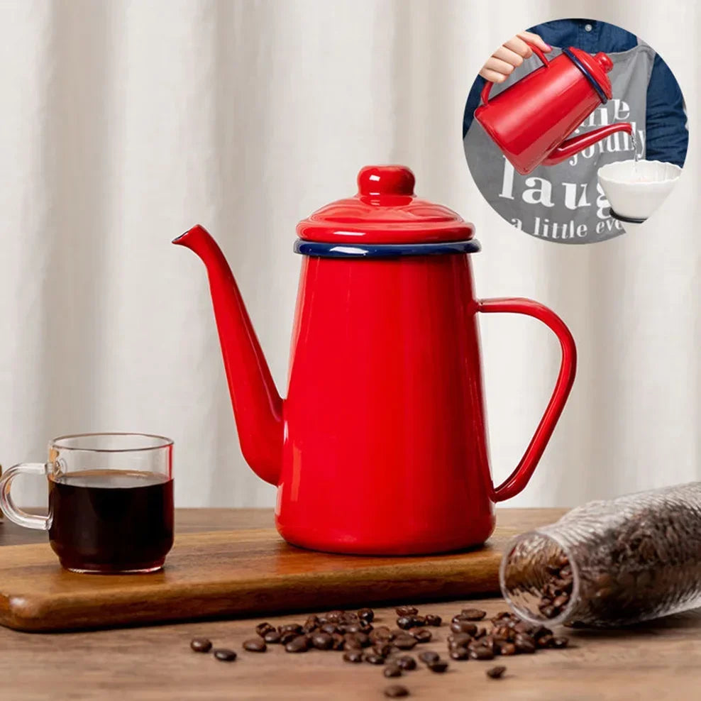 1.1L Enamel Hand Brewing Coffee Pot Japanese Style Large Capacity Cold Kettle Narrow Mouth Oil Can For Kitchen