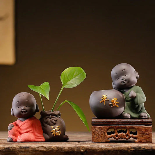 1 PCS Handmade Purple Clay tea Pet Lovely Buddha Monk Figurine Ornament Creative Desktop Flower Pot Tea Set decoration