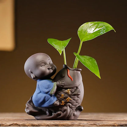 1 PCS Handmade Purple Clay tea Pet Lovely Buddha Monk Figurine Ornament Creative Desktop Flower Pot Tea Set decoration