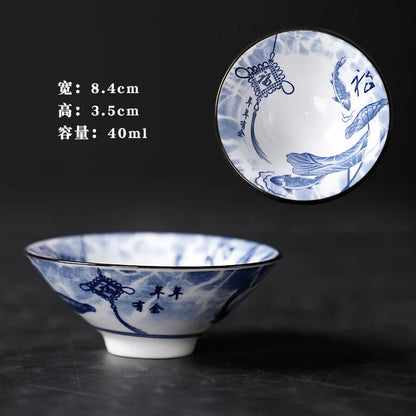 1 PCS Retro Blue and White Porcelain Cone Teacup Anti Scaling Hand-Painted Ceramic Tea Bowl Travel Meditation Cups Tea set