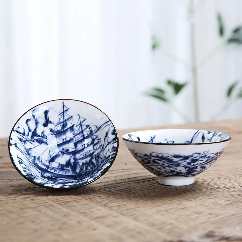 1 PCS Retro Blue and White Porcelain Cone Teacup Anti Scaling Hand-Painted Ceramic Tea Bowl Travel Meditation Cups Tea set