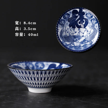 1 PCS Retro Blue and White Porcelain Cone Teacup Anti Scaling Hand-Painted Ceramic Tea Bowl Travel Meditation Cups Tea set