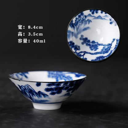 1 PCS Retro Blue and White Porcelain Cone Teacup Anti Scaling Hand-Painted Ceramic Tea Bowl Travel Meditation Cups Tea set